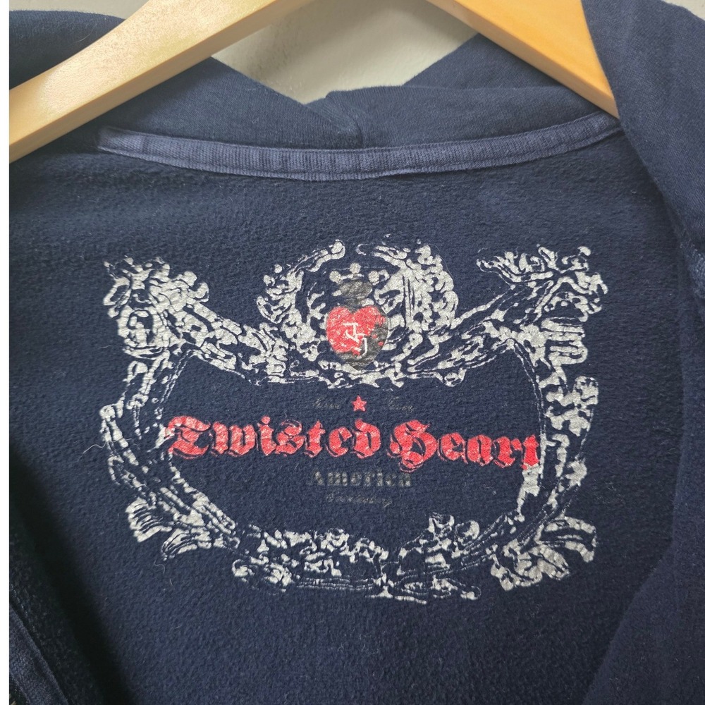 Twisted Heart Zip Up Hoodie Womens M Navy Vintage Y2K McBling Rhinestone Graphic - Picture 3 of 8